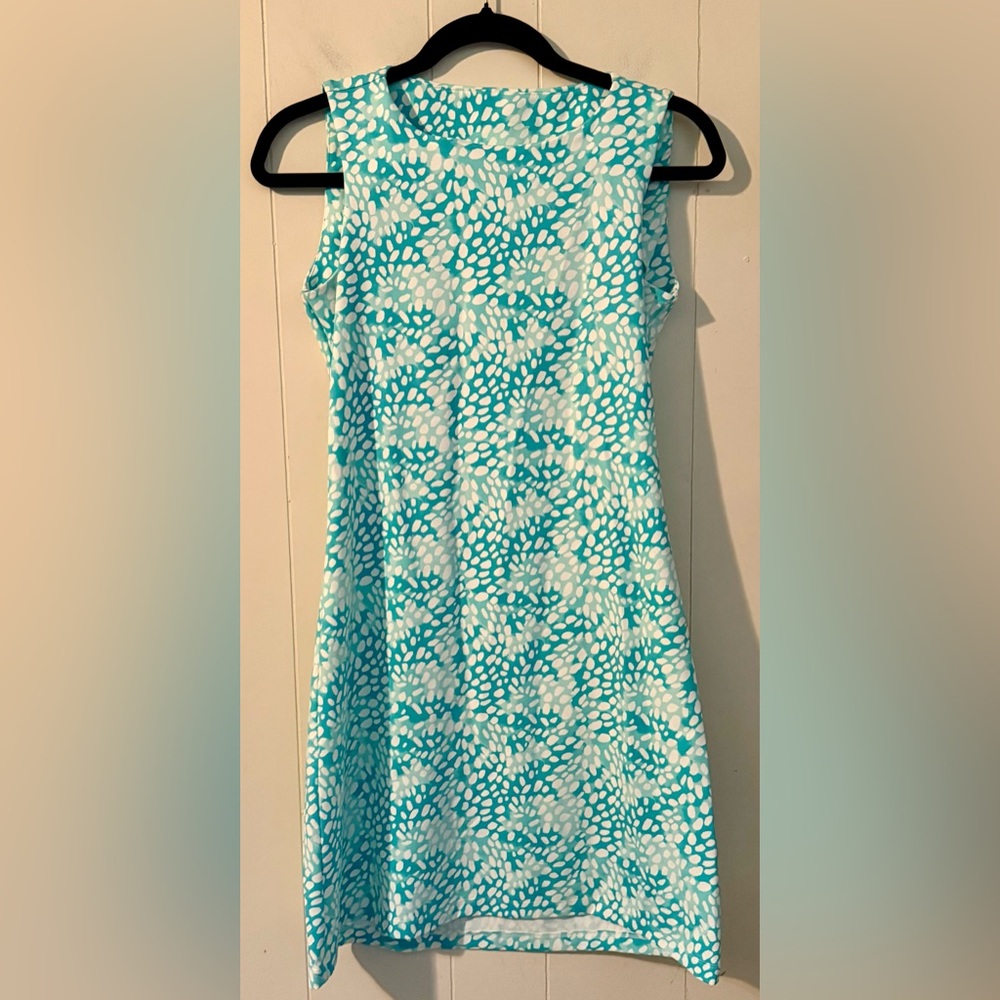 Mahi Gold Blue White print Stretch Dress  Sleeveless Size S